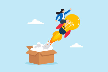 Flat illustration of businesswoman riding lightbulb rocket launching out of box symbolizing creativity boost breakthrough idea and innovation thinking