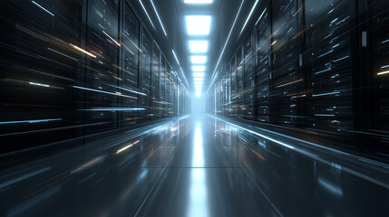 High speed digital data transfer in server room with motion blur effect.
