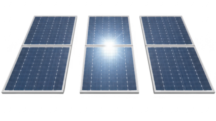 Array of five solar panels installed outdoors on a sunny day, renewable energy technology for sustainable power generation isolated on transparent background
