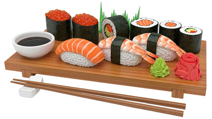 Assortment of Sushi on Wooden Platter with Chopsticks and Soy Sauce
