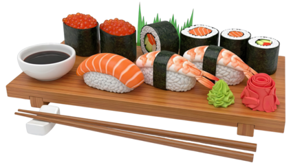 Assortment of Sushi on Wooden Platter with Chopsticks and Soy Sauce