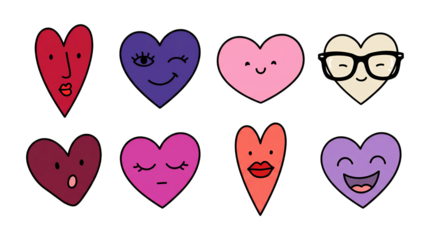 Heart character set including various facial expressions, winking, and glasses isolated. Romantic emoji and valentine collection.
