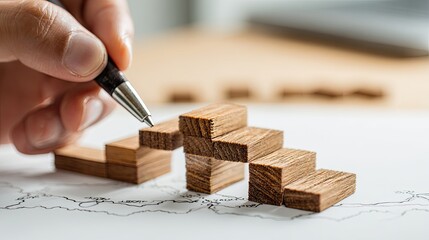 Hand arranging wooden blocks like stairs on map