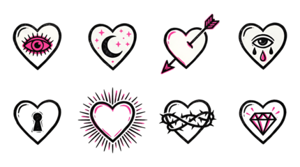 Heart icon set including moon, arrow, crying eye, keyhole, thorns, and diamond motifs isolated. Valentine hand drawn romantic illustrations.