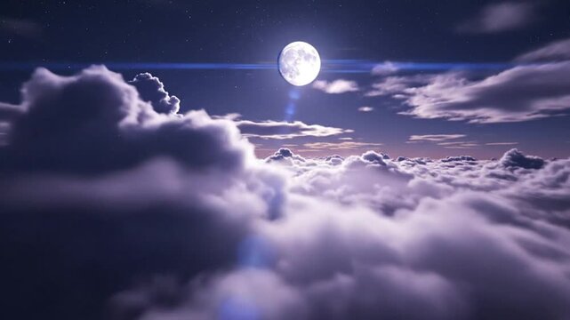 Full moon over clouds at night with a dreamy and ethereal landscape filled with stars and natural elements