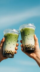 Vibrant Green Matcha Boba Drinks with Creamy Milk Layers and Black Pearls