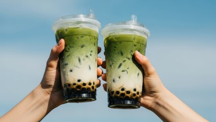 Close-up of Two Iced Matcha Bubble Teas with Condensation in Plastic Cups