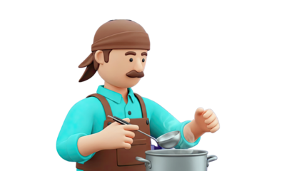 3D cartoon man chef cooking with ladle and pot