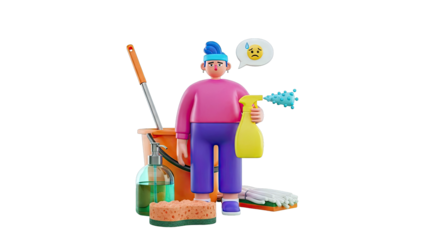 3D Character Holding Spray Bottle with Virus Icon