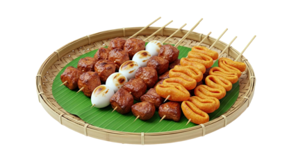 Assorted Skewered Snacks on Banana Leaf in Woven Basket