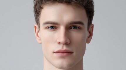 Realistic Virtual Influencer Portrait with Flawless Digital Human on Neutral Background
