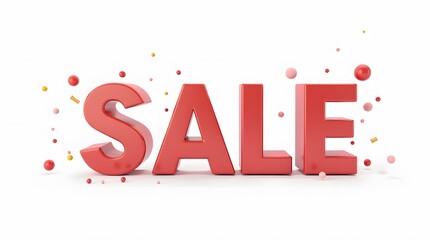 3D ‘SALE’ text with floating abstract shapes, isolated on white background,