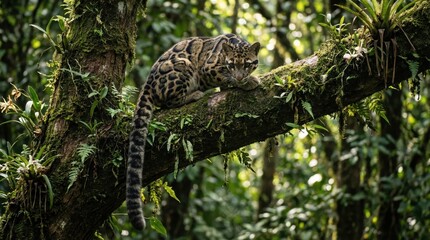 Clouded Leopard resting on tree branch in tropical forest
