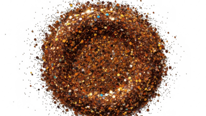 Closeup of a glittering bronze and gold textured sphere with sparkling particles on dark background isolated on transparent background