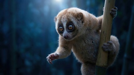 Cute Slow Loris climbing bamboo in forest at night