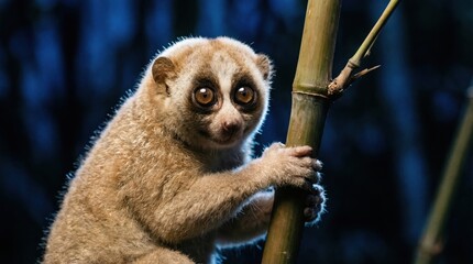 Cute Slow Loris climbing bamboo in forest at night