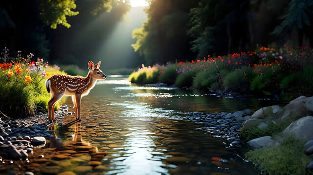 A fawn standing on the bank of a clear creek that flows in the middle of a dense forest, a beam of sunlight is penetrating the darkness of the forest in the background.