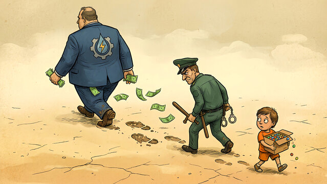 Cartoon illustration depicting corporate greed, corrupt law enforcement ignoring large payments, and the resulting persecution of a small, innocent child carrying goods.