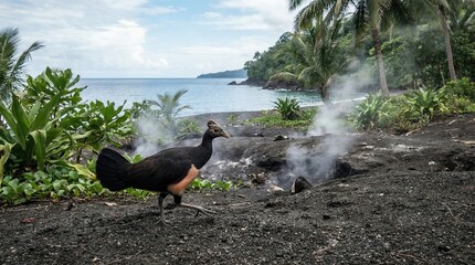 Endemic Maleo bird walking on volcanic sand in Sulawesi