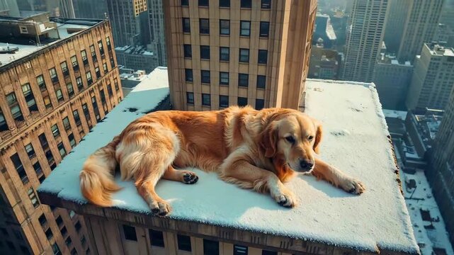 Golden retriever dog rests on snowy rooftop overlooking cityscape skyscrapers 040317
