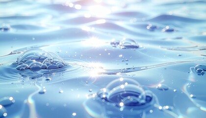 光り輝く水面の魔法。虹色の光を放つバブルと穏やかな青い波紋の抽象背景