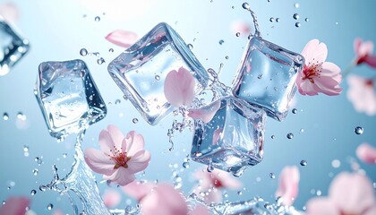 春を告げる氷の旋律。桜の花びらと氷塊が空中で舞う幻想的なスプラッシュ背景