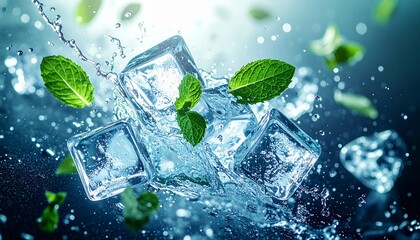 漆黒に響く清涼。ダーク背景に弾ける氷塊とフレッシュミントのダイナミックな瞬間