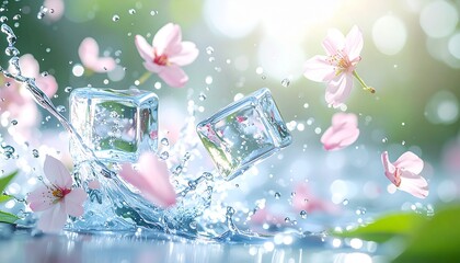 春の息吹と清涼感。水しぶきの中で氷と桜の花びらが舞う幻想的な背景素材