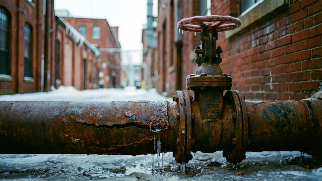 Close-up view of an old, severely rusted industrial water pipe with a large valve, showing visible freezing and dripping icicles in a cold alley setting.