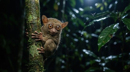 Tiny Tarsier with big eyes clinging to tree at night in Sulawesi forest