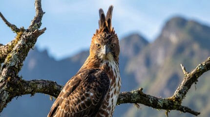 Majestic Javan Hawk-Eagle with crest perched on branch