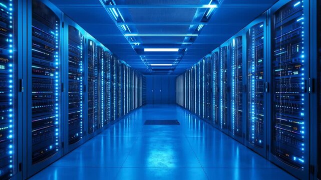 Modern data center with rows of servers and blue lights showing secure digital network technology room