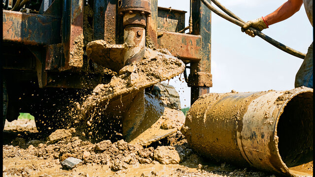 Close-up view of heavy industrial drilling equipment actively boring into wet earth while machinery spits mud and excavates vital resources for construction projects.
