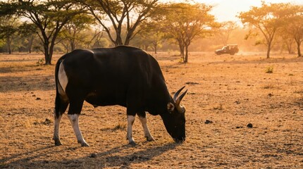 Wild male Javan Banteng grazing in savannah grassland