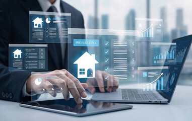 Property tax checklist and financial planning displayed on virtual screen as businessman uses...