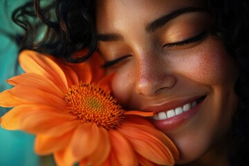 Smiling Hispanic woman radiates joy while enjoying the beauty of an orange flower during a sunny afternoon in nature