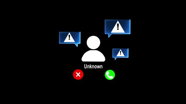 Phone screen alerting unknown scam call. Concept of phone fraud, spam calls, scammer warning system, and cybersecurity protection. Mobile safety technology against phishing and fake calls.