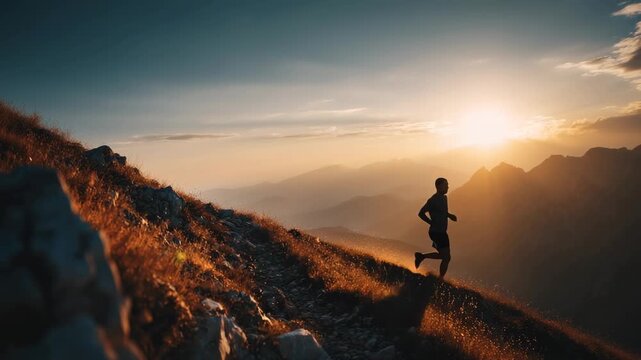 Silhouette of trail runner on mountain slope during golden sunset with scenic view of peaks and horizon
