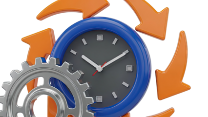 Clock with Gears and Arrows Symbolizing Time Management and Workflow
