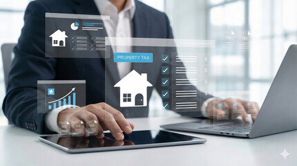 Property tax checklist and financial planning displayed on virtual screen as businessman uses digital tools to manage housing tax forms, payments, and income records for real estate assets