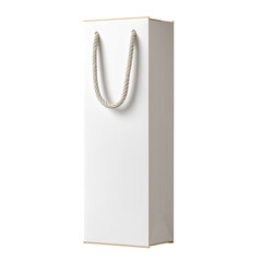 Tall, white, blank paper bag with rope handles, isolated on black backdrop