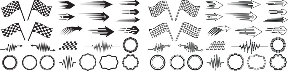 Vector graphic design elements set with racing flags, speed arrows, sound waves, and decorative frames isolated PNG with Transparent Background