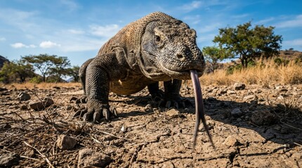 Large Komodo Dragon walking on dry terrain with tongue out