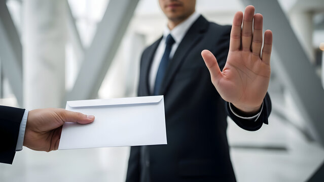 Businessman in suit refusing bribe money in white envelope by showing stop hand gesture to corrupt partner concept of anti-corruption