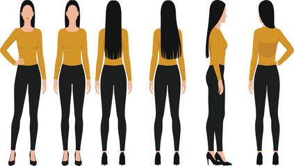Fashionable Woman Character Set in Mustard Yellow Long Sleeve Top and Black Leggings with Multiple Poses.