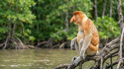 Proboscis Monkey with big nose sitting in mangrove forest tree