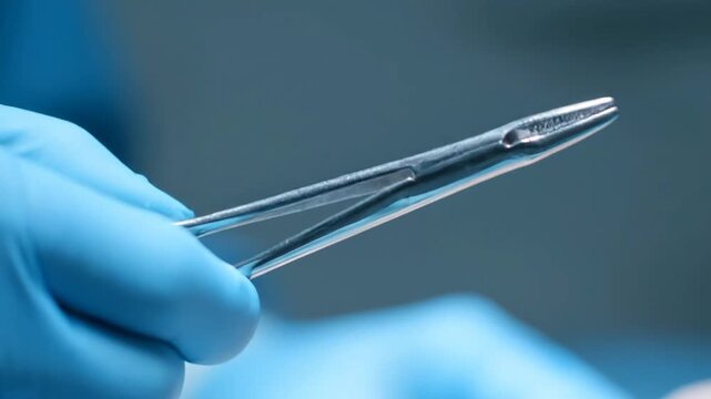 Surgical forceps held by surgeon in blue surgical gloves, medical surgery concept.