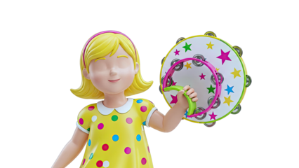 Cartoon Girl Holding a Star-Patterned Tambourine
