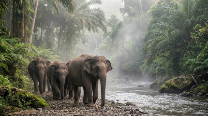 Herd of Sumatran Elephants walking near river in tropical jungle
