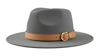 Grey Fedora Hat with Tan Leather Band and Gold Buckle